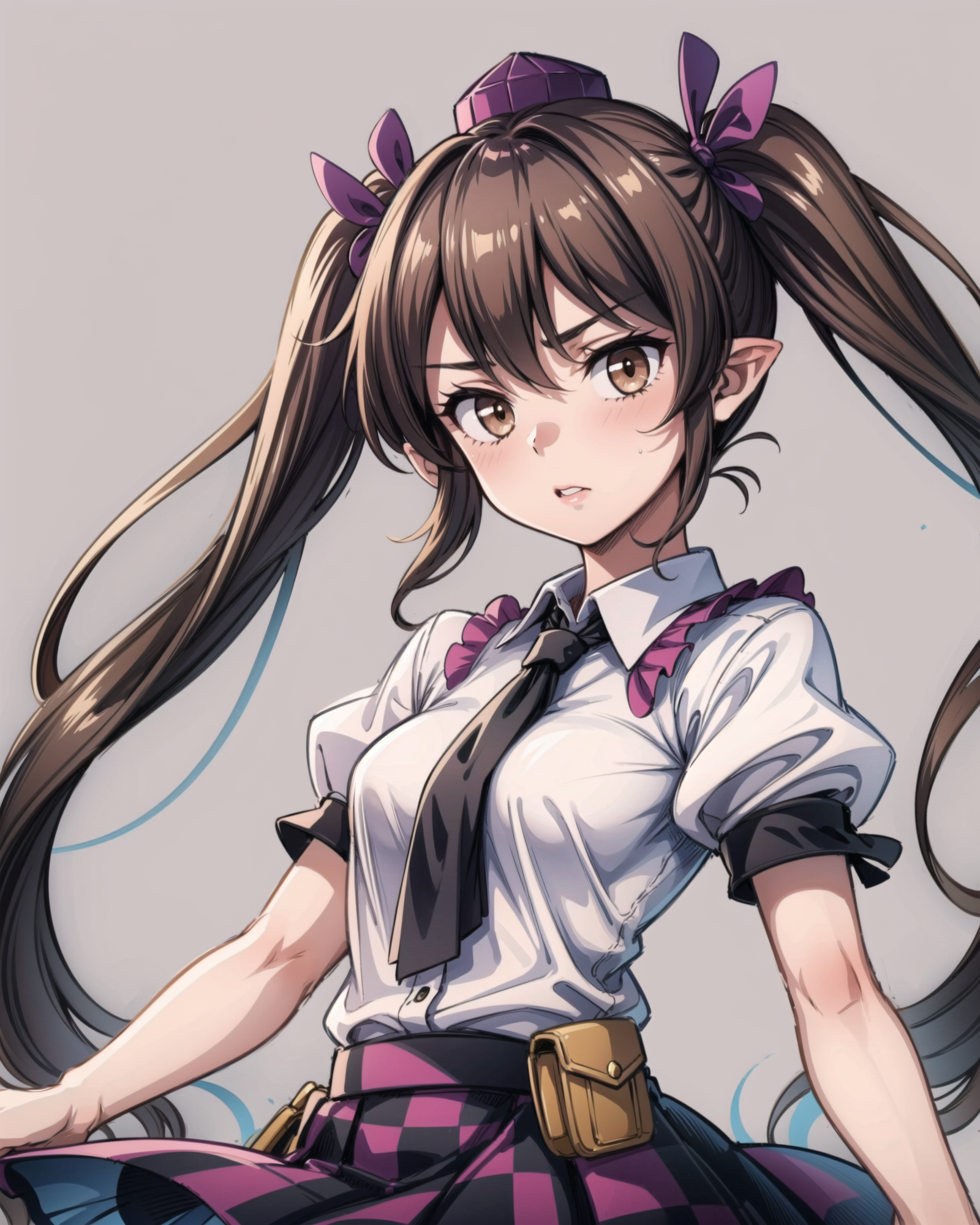 00591-3993531943-, 1girl, himekaidou hatate, tokin hat, pointy ears, brown hair, brown eyes, twintails, ribbon, necktie, short sleeves, shirt, ch.png